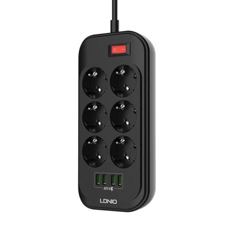Подовжувач мережі LDNIO SE6403 | 2500W, 2m EU Plug, 4 USB, 6 Sockets. 3.4A | black
