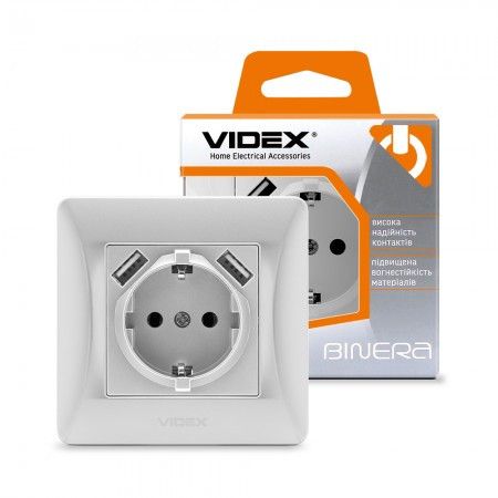 VIDEX BINERA Розетка 1ая с заземлением и 2USB серебряный шёлк (VF-BNSK1GU2-SS) (20/120)