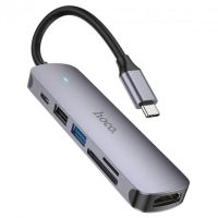 USB Hub Hoco HB28 Type-C multi-function converter (HDMI+USB3.0+USB2.0+SD+TF+PD) Металево-сірий