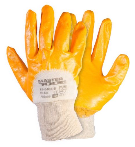 Перчатки хлопковые трикотажные нитриловое покрытие 3/4 вязаный манжет 10" желтые MASTERTOOL 83-0405-В