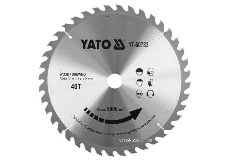 Диск пильный победитовый по дереву : 305x30x3.2x2.2 мм, 40 зубцов, R. P. M до 5000 1/мин YaTo YT-60783