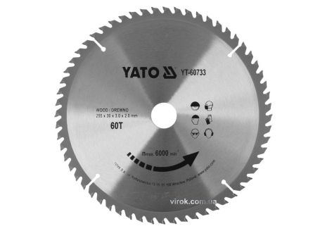 Диск пильный победитовый по дереву : 255x30x3.0x2.0 мм, 60 зубьев, R. P. M до 6000 1/мин YaTo YT-60733