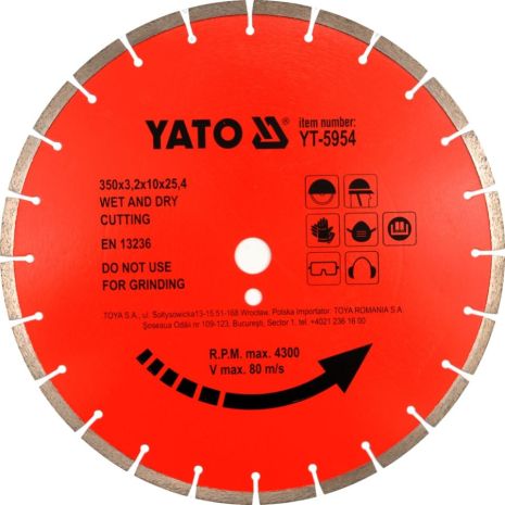 Отрезной алмазный диск для станка 350 мм х 25,4 мм Yato YT-5954