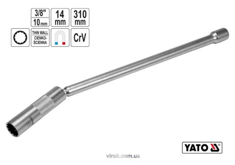 Ключ для свечей зажигания двенадцатигранный магнитный 3/8" М14 x 310 мм Cr-V Yato YT-08163