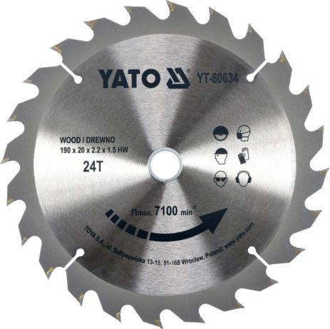 Диск пильний по дереву Ø=190х20х2.2x1.5 мм для циркулярної пилки YT-82150 Yato YT-60634