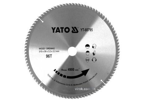 Диск пильный победитовый по дереву: 315x30x3.2x2.2 мм, 96 зубцов, R. P. M до 4900 1/мин YaTo YT-60795