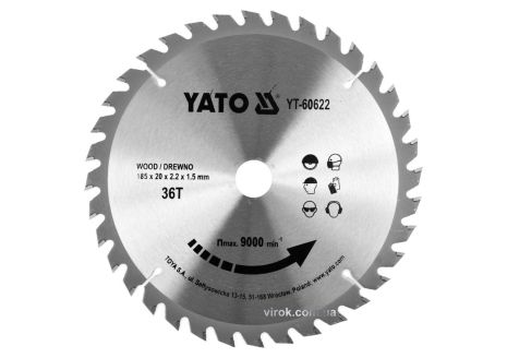 Диск пильный победитовый по дереву : 185x20x2.2x1.5 мм, 36 зубьев, R. P. M до 9500 1/мин YaTo YT-60622