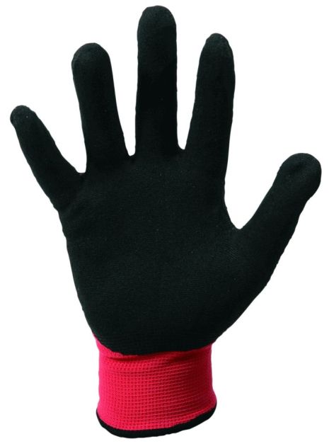 Перчатки трикотажные бесшовные с пористым нитриловым покрытием ладони (красно-черные) MASTERTOOL 83-0404