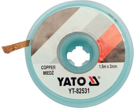 Лента плетеная из меди для очистки от припоя l = 1,5 м, W = 2 мм в катушке в корпусе Yato YT-82531