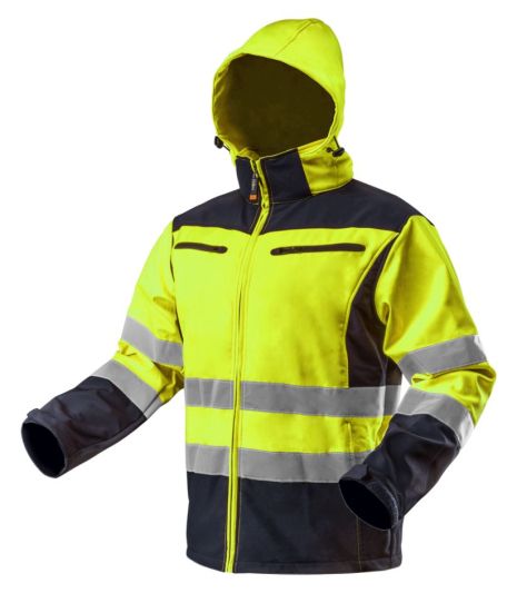 Куртка рабочая сигнальная softshell с капюшоном, желтая, повышенной видимости - класс 2 по стандарту EN ISO 20471, водостойкость 8000 мм, воздухопроницаемость 3000 г/м2/24 ч, ветронепроницаемая, флисовая внутренняя сторона, 4 кармана на молнии, внутренний